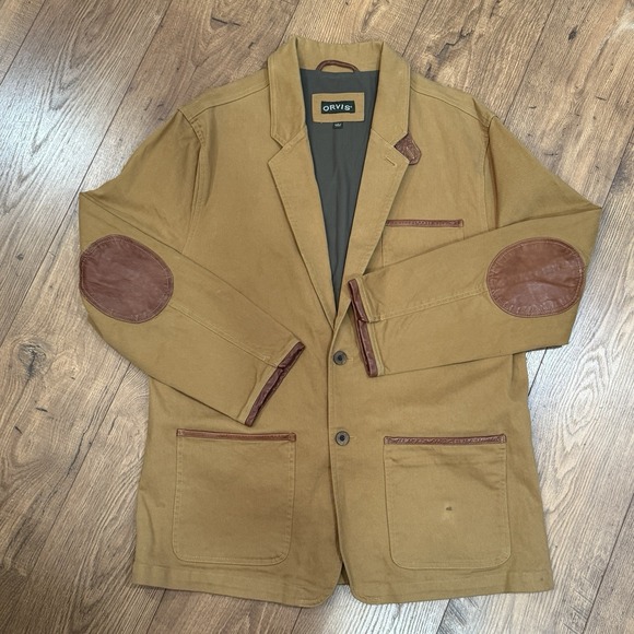 Orvis Other - Orvis Blazer Mens L Khaki Zambezi Twill Leather Elbow Patches 2 Button Field